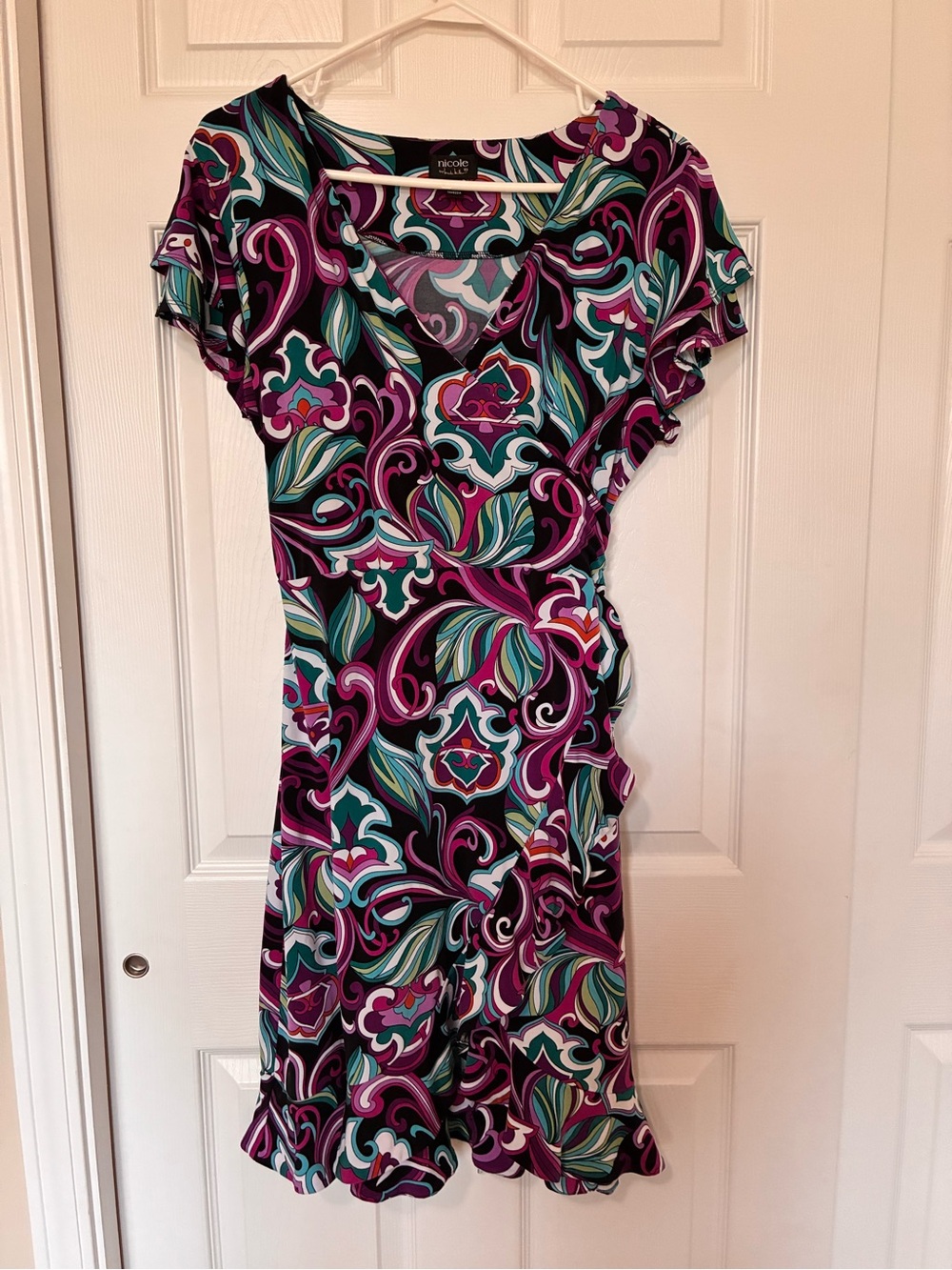 Nicole Miller Faux Wrap Paisley Midi Dress Ruffle Hem Stretch Black Purple Sz L